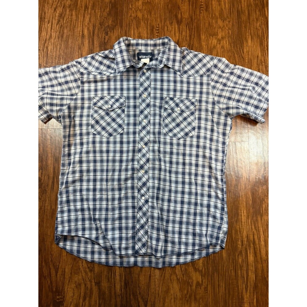 Vintage Wrangler Pearl Snap Western Shirt Blue Plaid Short Sleeve Mens Large